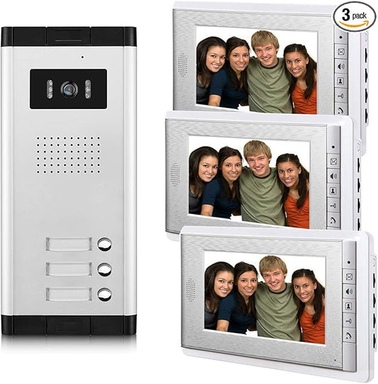 3 Units Apartment Video Intercom System, 7 Inch Monitor Wired Video Doorbell Door Phone Kits, Indoor Outdoor IR Camera, Monitoring, Unlock, 2 Way Intercom for 3-Household Home Apartment