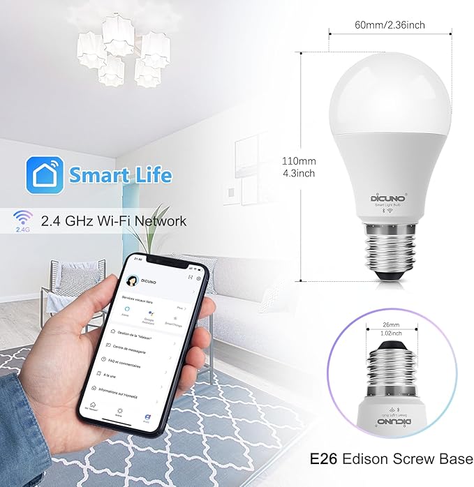 DiCUNO Smart Light Bulbs, Wi-Fi Bluetooth LED Lights, Multi Colors Changing Bulb RGBCW Dimmable, Works with Alexa, Google Home Assistant, No Hub Required, A19 E26 9W 800LM 2.4Ghz only, 2 Pack