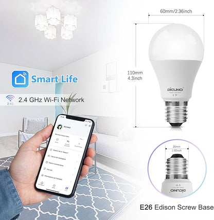 DiCUNO Smart Light Bulbs, Wi-Fi Bluetooth LED Lights, Multi Colors Changing Bulb RGBCW Dimmable, Works with Alexa, Google Home Assistant, No Hub Required, A19 E26 9W 800LM 2.4Ghz only, 2 Pack
