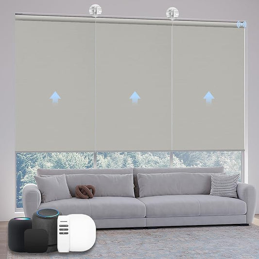 Motorized Coupled Shades, Blackout Smart Blinds for Large Windows Automatic Blinds Compatible with Alexa, Motorized Roller Shades Customized for Bedroom Home Office(Blackout-Smoky Sea Garss)