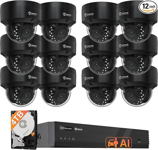 Anpviz 4K Black Dome PoE Security Camera System for Commercial Home Store Office, 12x 8MP Wired Dome IP Cameras, 12MP 4K PoE NVR with 4TB HDD, AI Human & Vehicle Detection, IR Night Vision (U Series)