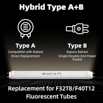 CYLYT Fluorescent Light Bulbs 48 inch, T8 LED Bulb 4 Foot Type A+B Replacement for F32T8 or F40T12 Tube, 26W 3400LM 4100K Cool White, Double or Single End Powered, 2-Pack