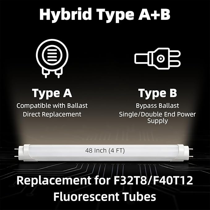 CYLYT Fluorescent Light Bulbs 48 inch, T8 LED Bulb 4 Foot Type A+B Replacement for F32T8 or F40T12 Tube, 26W 3400LM 5000K Daylight, Double or Single End Powered, 4-Pack