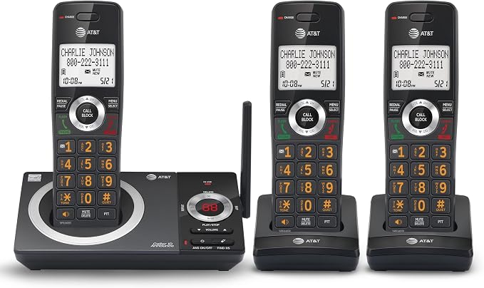 AT&T CL82319 DECT 6.0 3-Handset Cordless Phone for Home with Answering Machine, Call Blocking, Caller ID Announcer, Intercom and Long Range, Black