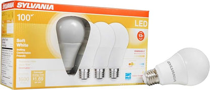 Sylvania LED Light Bulb, A19, 100W Equivalent, Efficient 16W, 13 Year, Medium Base, Dimmable, Frosted, 2700K, Soft White - 4 Pack (40737)