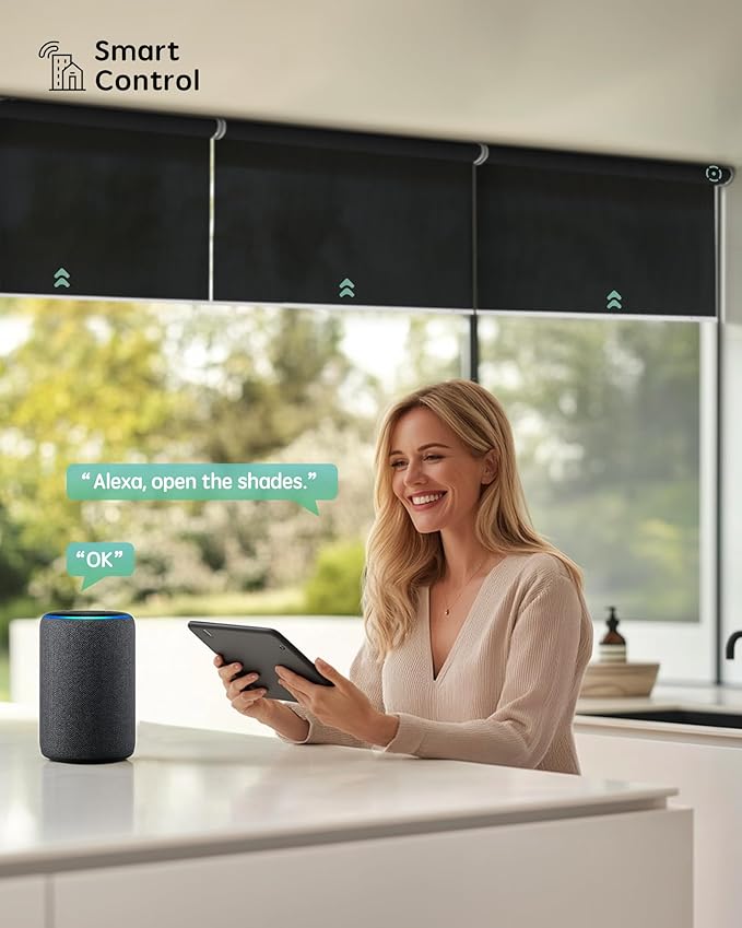 Yoolax Smart Coupled Solar Shades Compatible with Alexa, Motorized Blinds with Remote Flame Retardant Coupled Roller Shades for X-Large Windows, Custom Size (XL - 5% Openness Black)