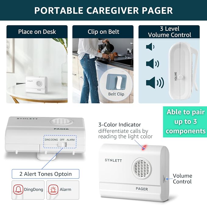 Portable Pager Accessory for Simple Alert Caregiver System | Portable receiver with audible alerts for caregiver assistance, home care and elderly monitoring