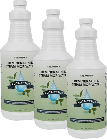 Steam & Go Demineralized Water for Steam Mop – Eucalyptus Mint Scent, 32 oz | Scented Floor Cleaner Solution, Ready-to-Use, Compatible with Any Steam Cleaner (Pack of 3)