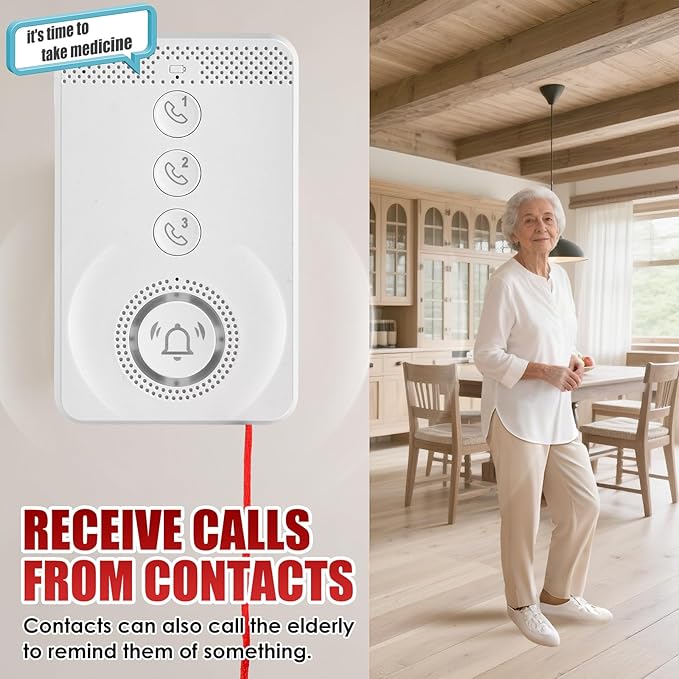 Wireless Caregiver Pager with Voice Call Function (Need SIM Card), Medical Alert System for Seniors, Two-Way Calling & Voice Recognition and Emergency Pull Cord for Elderly/Patient/Disabled Monitoring