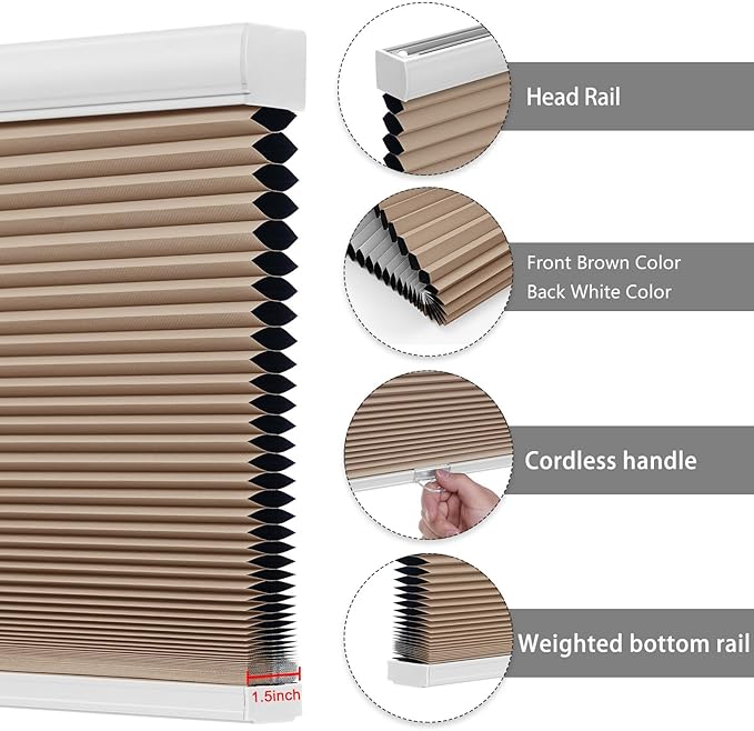Changshade Cordless Blackout Cellular Shades for Indoor Windows, Custom Size Black Out Honeycomb Blinds Room Darkening Thermal Insulated 1.5" Cell Easy Install for Bedroom, Bathroom, Nursey, Brown