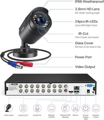 ZOSI H.265+ 16 Channel Security Camera System 1080p, Hybrid DVR Recorder with AI Human Vehicle Detect, 12 x 2MP CCTV Bullet Camera Outdoor Indoor, Night Vision, 90°Wide Angle, Remote Access, 2TB HDD