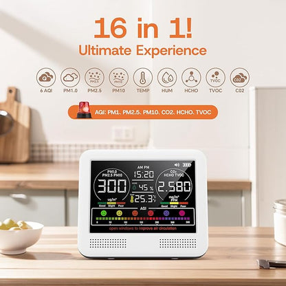 16-in-1 Indoor Air Quality Monitor with PM1.0,PM2.5,PM10,CO2,HCHO,TVOC,Temperature,Humidity,Time Display &7 AQI Alarms – Professional Air Quality Tester for Home, Office & Indoor Use (Ivory White)