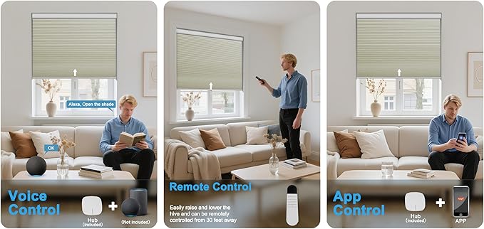 BERISSA Motorized Cellular Shades, Blackout Smart Honeycomb Blinds with Remote Control & Hub, Custom Room Darkening Automatic Cellular Window Blinds for Home Office, Living Room, Door,Beige