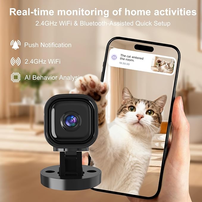 Mini Camera for Home Security,2K Indoor Camera,2.4G WiFi Cam,Black