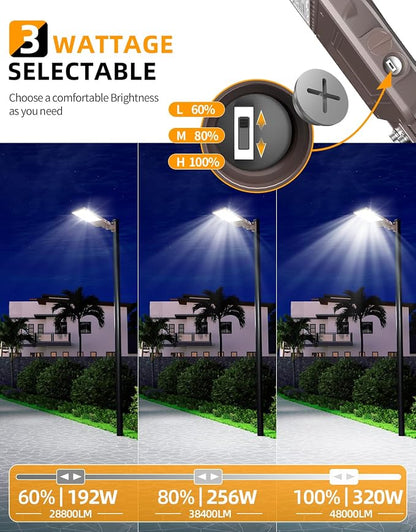 9 Pack LED Parking Lot Light 320W 256W 192W Adjustable, UL Listed 5000K Shoebox Light with Photocell, IP65 Commercial Street Lights Adjustable Arm Mount for Outdoor AC100-277V
