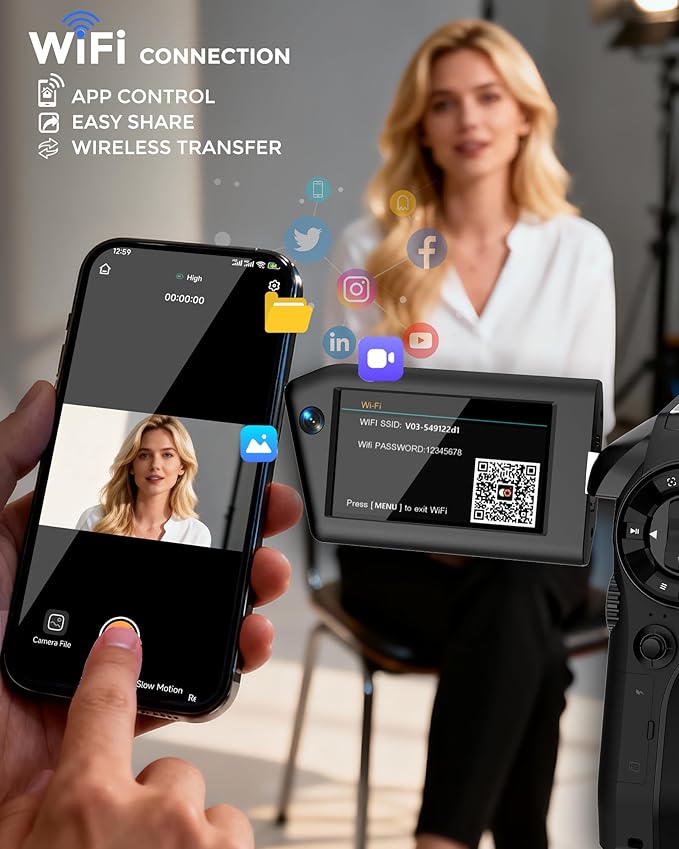 8K Video Camera 75MP Camcorder with WiFi Dual Lens Vlogging Camera for YouTube Rotation Screen Video Recorder with Microphone, Fill Light, Remote Control, mini Tripod, 2 Batteries, Charger