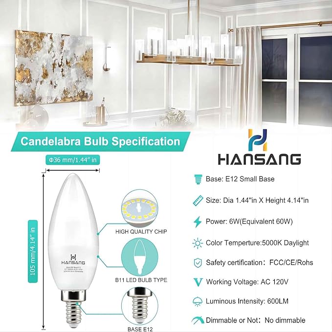 8 Pack E12 Candelabra LED Bulbs 5000K Bright Daylight, Small Base Ceiling Fan Light Bulb 6W, Type B Light Bulb for Chandelier, Candle Shape B11, 600LM, Non-dimmable
