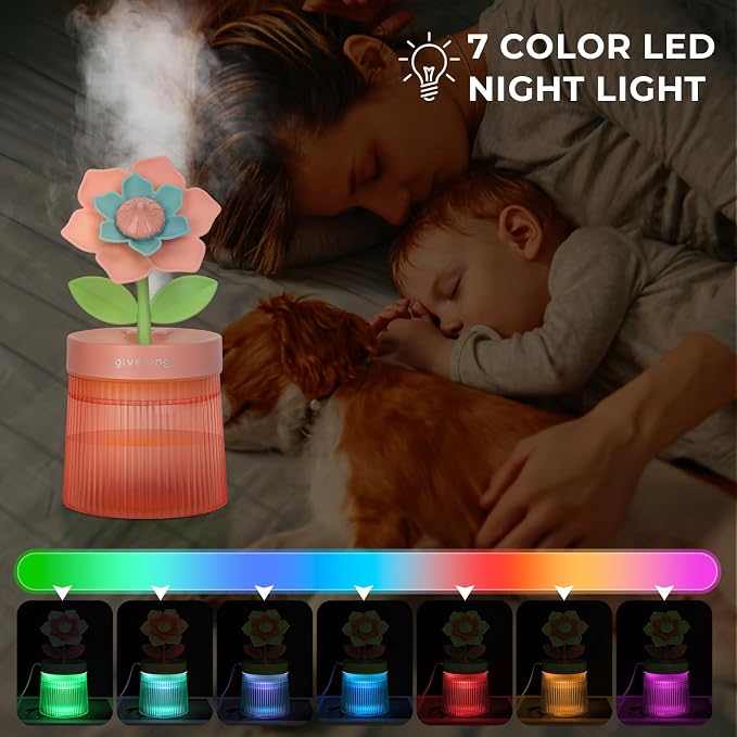 Flower Mini Humidifier, Cute Small Humidifiers, USB Portable Personal Cool Mist Desktop Humidifiers, Cooling for Home Office Car Summer Travel (260ml, Pink Gardenia)