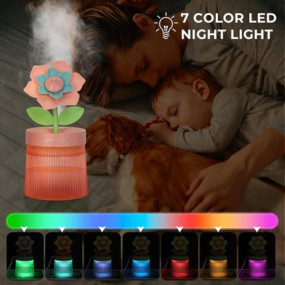 Flower Mini Humidifier, Cute Small Humidifiers, USB Portable Personal Cool Mist Desktop Humidifiers, Cooling for Home Office Car Summer Travel (260ml, Pink Gardenia)