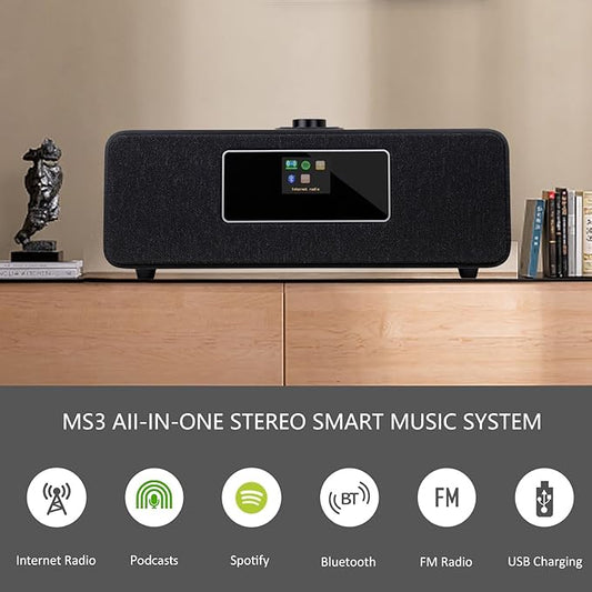 MS3 Stereo Smart Music System with Internet Radio, FM Digital Radio,Clock Radio,Spotify Connect,Bluetooth Speaker,WiFi Speaker,Headphone-Out,Alarms,Presets,Remote and App Control–Black Oak