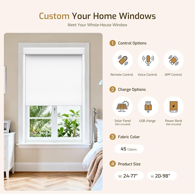 Grandekor No-Drill No Tools Motorized Blinds with Remote | Electric Blackout Smart Roller Shade/APP/Voice Control-for Home Office, Living Room, Customize Color Size