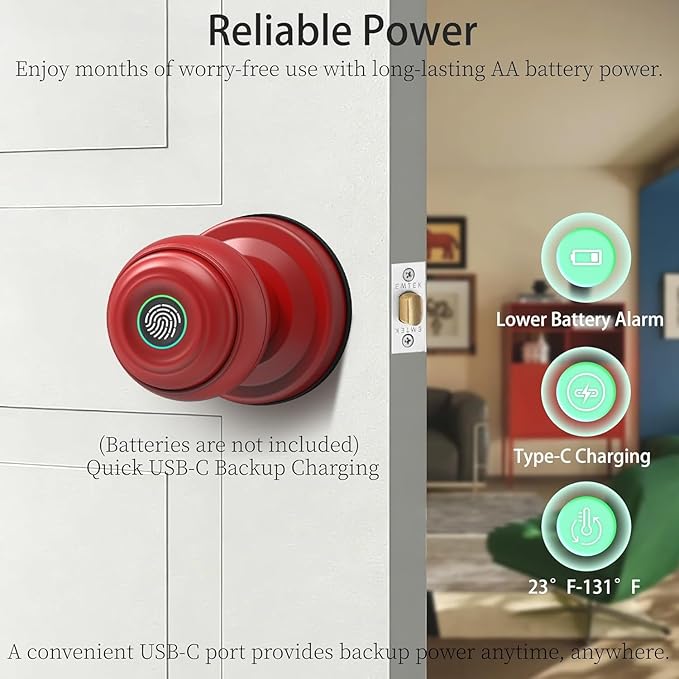 Smart Fingerprint Door Lock with Tuya App Control, Keyless Entry Lock with Backup Key, Auto-Lock, Easy Install for Home, Apartment, Office Red