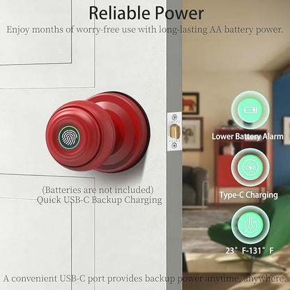 Smart Fingerprint Door Lock with Tuya App Control, Keyless Entry Lock with Backup Key, Auto-Lock, Easy Install for Home, Apartment, Office Red