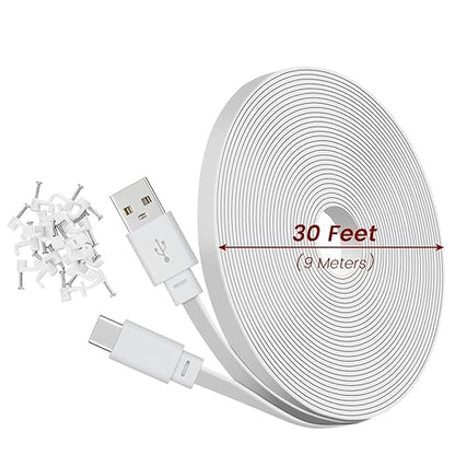 30ft Power Extension Cable for Tapo TP-Link 2K QHD C120 Security Camera - 9m USB C Long Flat Charging Cord with 18W Fast Charger, White