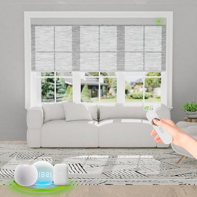 Motorized Blinds with Remote [Light Filtering] Smart Blinds Compatible with Alexa Google HomeKit, 60% Blackout Automatic Roller Shades for Indoor Windows, Customized Size, Wavy Somky Gray