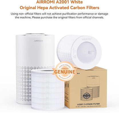 AIRROMI A2001 HEPA Air Purifier Replacement Filter, 3-In-1 Original Filter, Remove 99.97% of 0.3 Micron Particle 2 Pack White Activated Carbon
