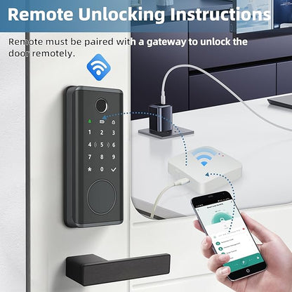 Smart Door Lock with Fingerprint & Keyless Entry, Tuya Smart Devices Compatible, Bluetooth Touchscreen Keypad, for Home Security & Smart House Automation, Easy Installation for Wood Doors