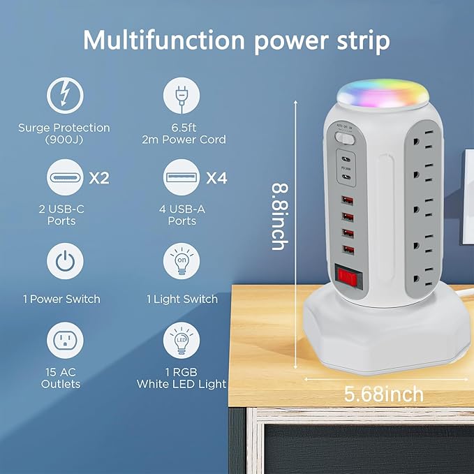 Fast Charging Station Power Tower - 15 AC Outlets & Dual USB-C 30W (Single Port 30W/2 Ports 15W Each), 4 USB-A, Retractable Cord Surge Protector with Top Night Light for Home Office Dorm Room