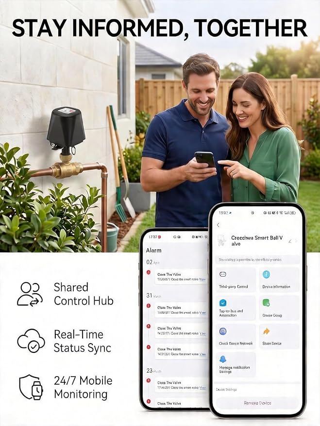 Smart Wifi Water Valve, Motorized Ball Valve, App Comtrol, Brass | Programmable Timer Switch, Manual Open/Close, Tuya App Alert, Multi-user, Alexa/Google Home Compatible, 1/2" NPT Threaded