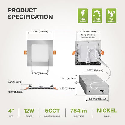 ASD 12 Pack LED Square Recessed Lighting 4 Inch, 5 CCT 2700K-5000K, 12W 50W Eqv Ultra Thin Dimmable Ceiling Lights with J Box, Canless Wafer Downlight, Slim Panel Light, UL Energy Star, Brushed Nickel