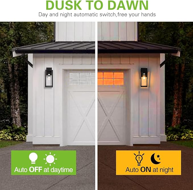Large Outdoor Wall Light, 16 Inch Outdoor Wall Lantern, Dusk to Dawn Exterior Waterproof Wall Sconce, Anti-Rust Wall Mounted Lighting with Glass Shade, Matte Black Wall Lamp with E26 Socket for Porch
