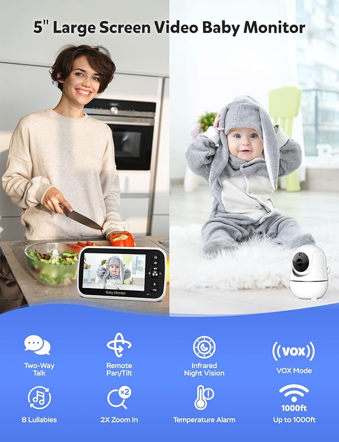 GoodBaby 5" Baby Monitor with 3 Cameras and Audio, No WiFi Secure Camera, 30-Hour Battery, Remote PTZ, Auto Night Vision, Room Temperature, Two-Way Audio，Lullabies，960 ft Range