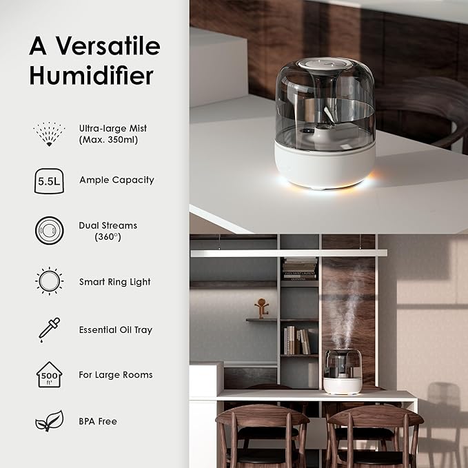 Airversa Humidifiers for Home Bedroom Large Room Smart Works with Apple Home over Thread 5.5L Cool Mist for Indoor Use App/Voice Control, Dazzling Lighting Effects (Pebble Grey, Humelle AH1)