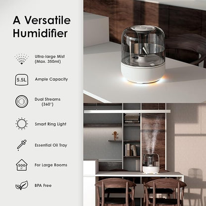 Airversa Humidifiers for Home Bedroom Large Room Smart Works with Apple Home over Thread 5.5L Cool Mist for Indoor Use App/Voice Control, Dazzling Lighting Effects (Pebble Grey, Humelle AH1)