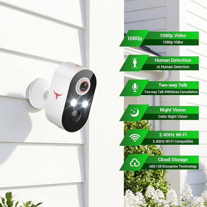 1080P Wireless Security Camera Outdoor, Battery Powered, 2.4G WiFi, Motion Detection, 2-Way Audio, Cloud Storage, Full Color Night Vision for Home Security