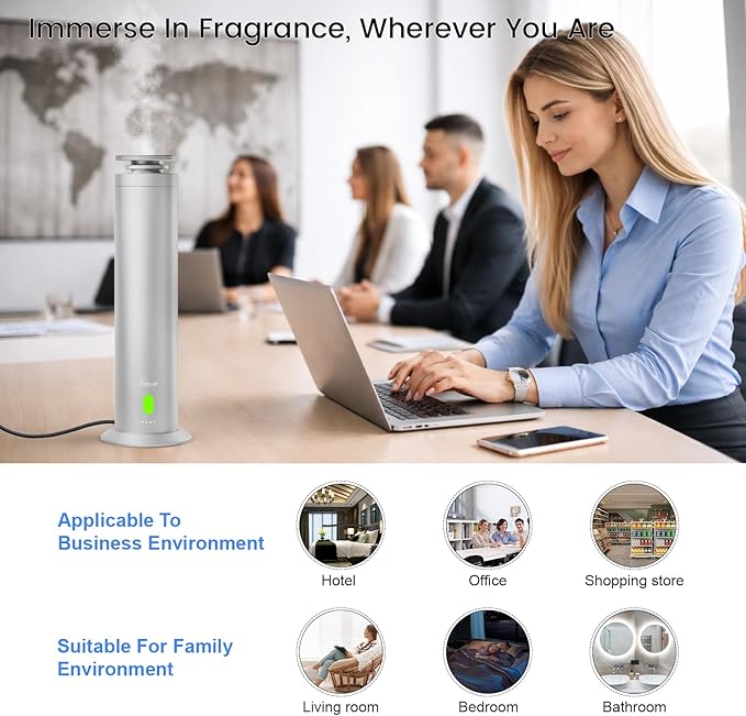 Hotel Collection Diffuser Machine,1500 Sq Ft,USB Plug-in & Rechargeable,Remote,Whisper-Quiet,Aluminum,Waterless Essential Oil Diffuser- Matte Silver