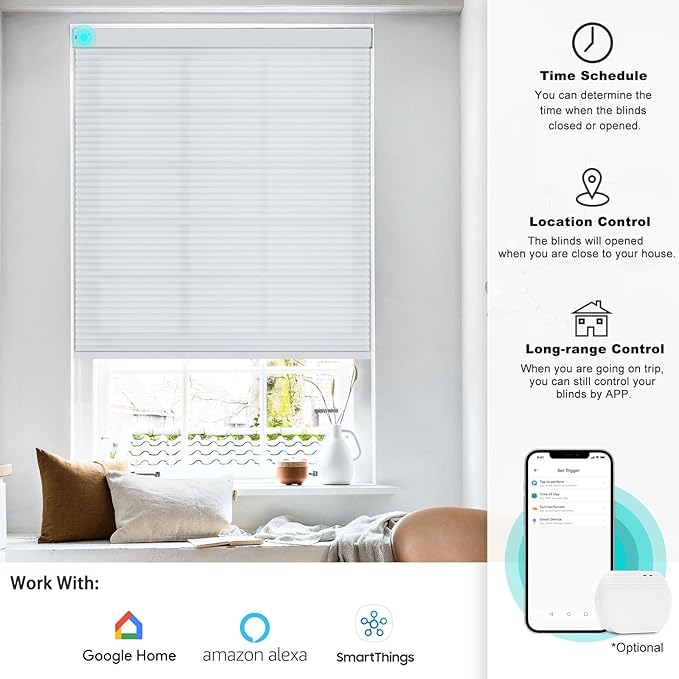 Changshade Smart Motorized Cellular Shades Remote Control for Indoor Windows Doors, Custom Size Electric Automatic Light Filtering Honeycomb Blinds Work with Alexa, Google Home, Smarthings, White