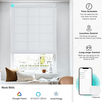 Changshade Smart Motorized Cellular Shades Remote Control for Indoor Windows Doors, Custom Size Electric Automatic Light Filtering Honeycomb Blinds Work with Alexa, Google Home, Smarthings, White