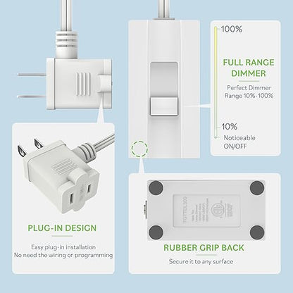 TOPGREENER Table-Top Plug in Dimmer for Table or Floor Lamps, Slide Control, Works with 360 Watt Incandescent/Halogen and 150 Watt Dimmable CFL/LED, Off at Lowest dim, 6ft Cord, TGTTDL300-W, White