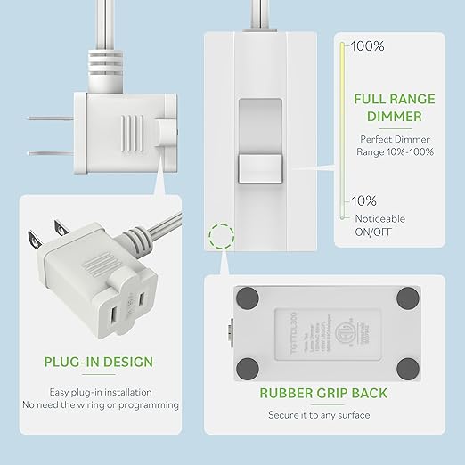 TOPGREENER Table-Top Plug in Dimmer for Table or Floor Lamps, Slide Control, Works with 360 Watt Incandescent/Halogen and 150 Watt Dimmable CFL/LED, Off at Lowest dim, 6ft Cord, TGTTDL300-W, White