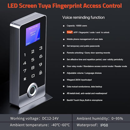 Wireless WiFi TUYA Access Control System with LED Screen/Voice, Fingerprint Password Stand-Alone Door Access Control Keypad, WG26/34 EM Card Reader Access Controller, Full Metal Weatherproof