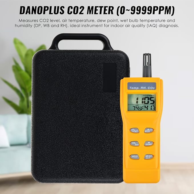CO2 Meter Handheld CO2 Detector, 0-9999ppm Digital CO2 Monitor Temperature and Humidity Meter Carbon Dioxide Detector with NDIR Sensor Buzzer Alarm and Clibration Function for Home Grow Room