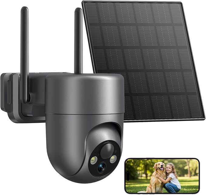 LIWAN Solar Security Cameras Wireless Outdoor, 360° View PTZ Camera for Home Security, 2K HD Color Night Vision, AI Human Detection, IP66 Weatherproof, 2.4GHz WiFi Only