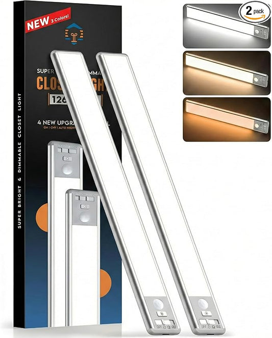 BLS 14.8inch Under Cabinet Lighting, LED Closet Lights, Motion Sensor Light Indoor, Battery Operated USB C Rechargeable, Dimmable Magnetic Night Light for Kitchen, 4 Sensor Mode, 3 Color (2 Pack)