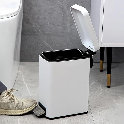 Sineng Bathroom Trash Can with Lid Soft Close, 1.6 Gallon Stainless Steel Small Pedal Garbage Can with Removable Inner Bucket, Waste Bin for Kitchen Bedroom, Compact Toilet Trash bin, White