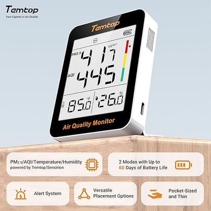 Temtop Air Quality Monitor Indoor Thermo-Hygrometer - PM2.5, AQI, Temperature, and Humidity Meter for Home, Office, or School, Air Quality Measurement, 60-Day Battery Life, S1 UP, 10-Pack